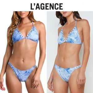 L'AGENCE Annabelle Denim Triangle Bikini Top M & Jean Bottom XL Blue Set NWT